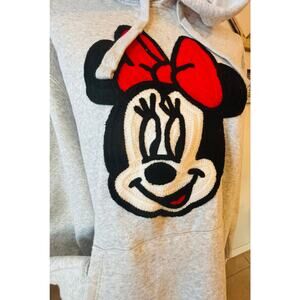 DISNEY Minnie Mouse Embroidered Heather Gray Hoodie Front Pocket Sweat Shirt